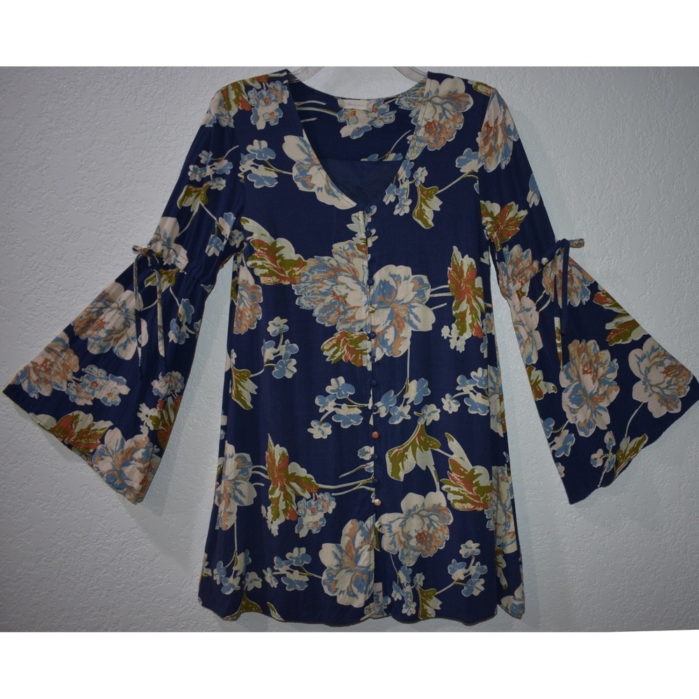 Altar'd State SMALL Navy Floral Bell Sleeve Button Front Mini Dress Tunic top